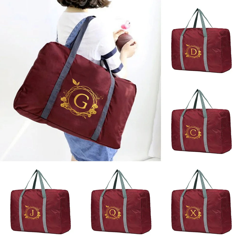 Foldable Travel Bag Large Capacity Portable Luggage Wreath Letter Name Pattern