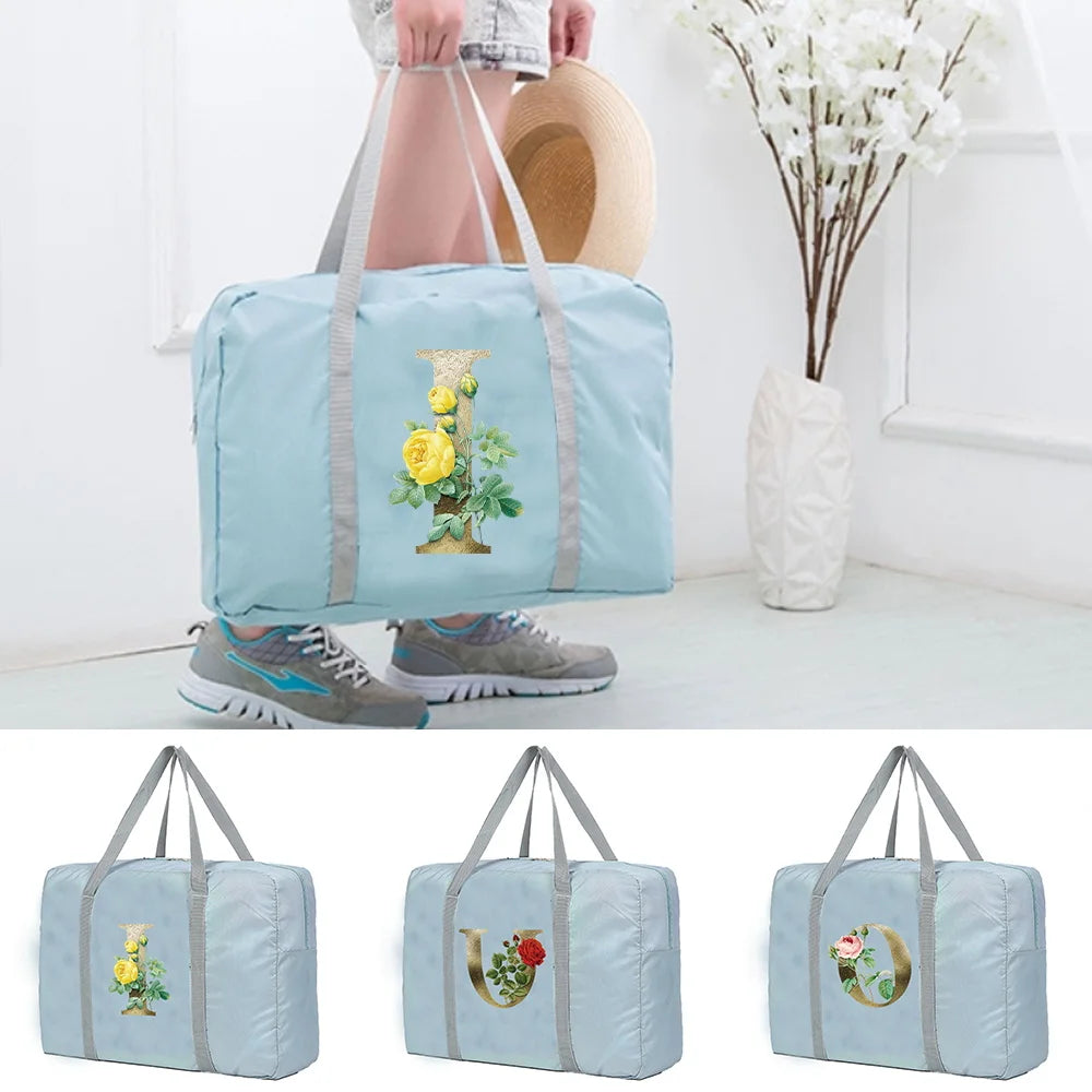 Large Capacity Unisex Travel Duffle Bag Golden-flower Letter Pattern