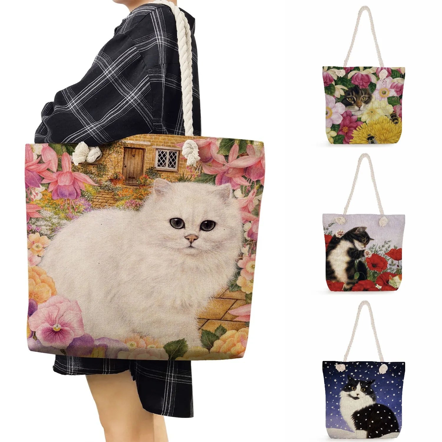 Floral Cat Printed Tote Bag for Women