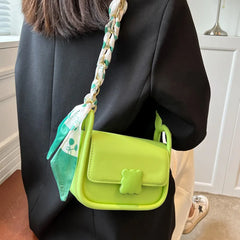 Soft Leather Crossbody Bag for Women with Silk Scarf Decoration