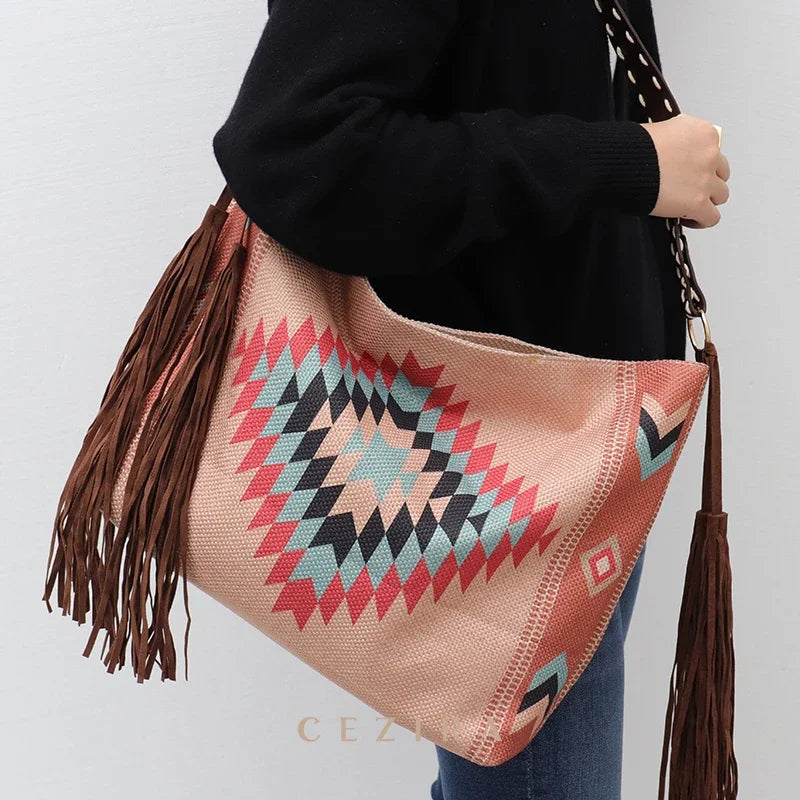 Hand Woven Tassel Cotton and Linen Retro Shoulder Bag