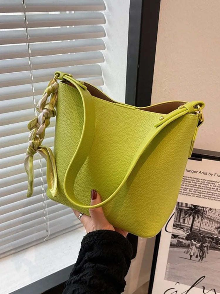 Women's Pu Leather Bucket Bag Crossbody Scarf Shoulder Handbag