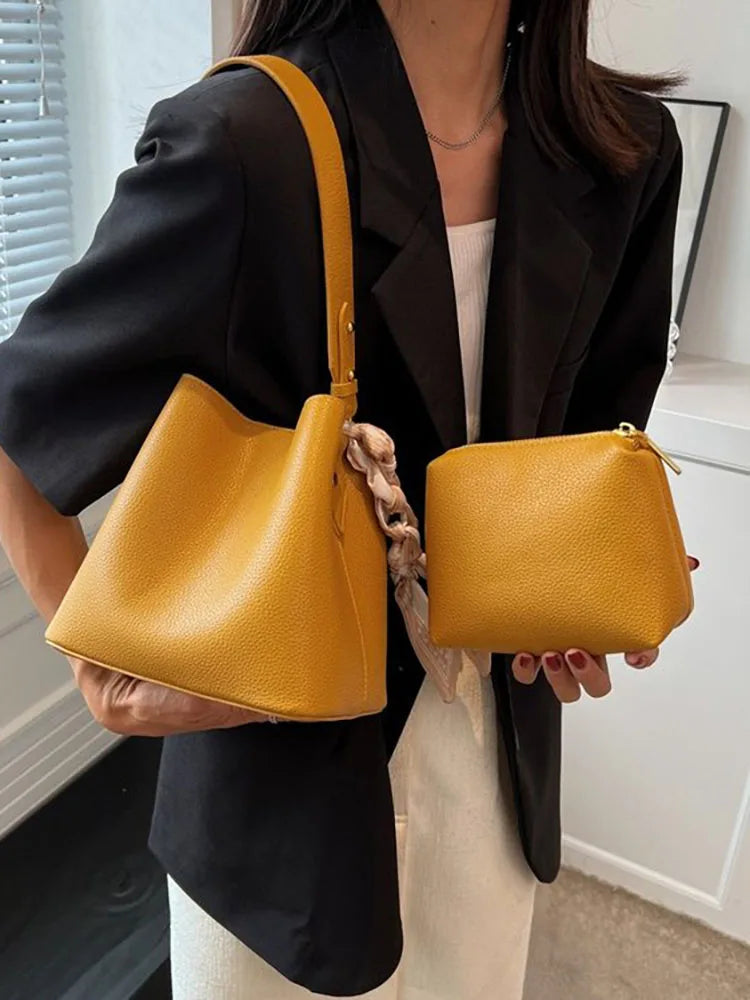 Women's Pu Leather Bucket Bag Crossbody Scarf Shoulder Handbag