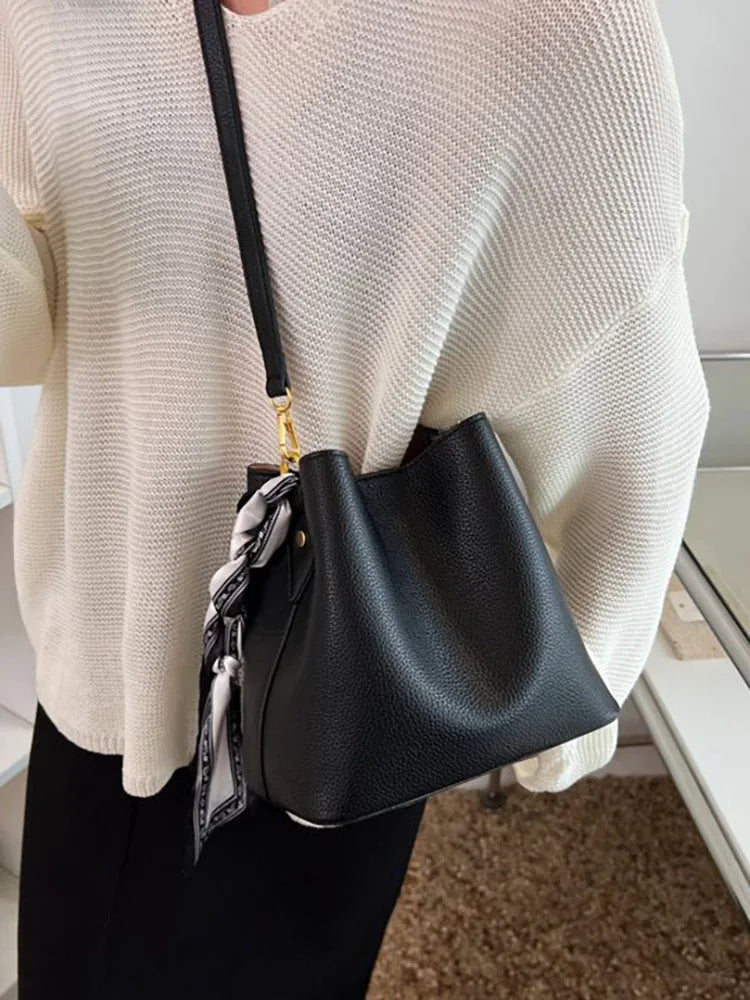 Women's Pu Leather Bucket Bag Crossbody Scarf Shoulder Handbag