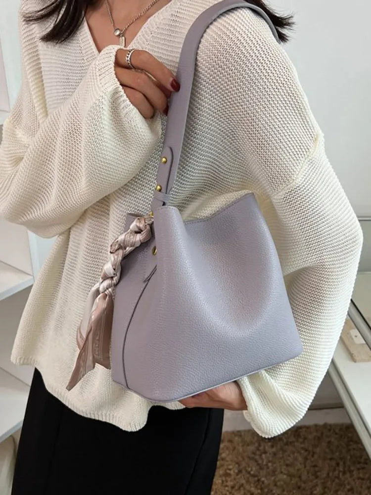 Women's Pu Leather Bucket Bag Crossbody Scarf Shoulder Handbag