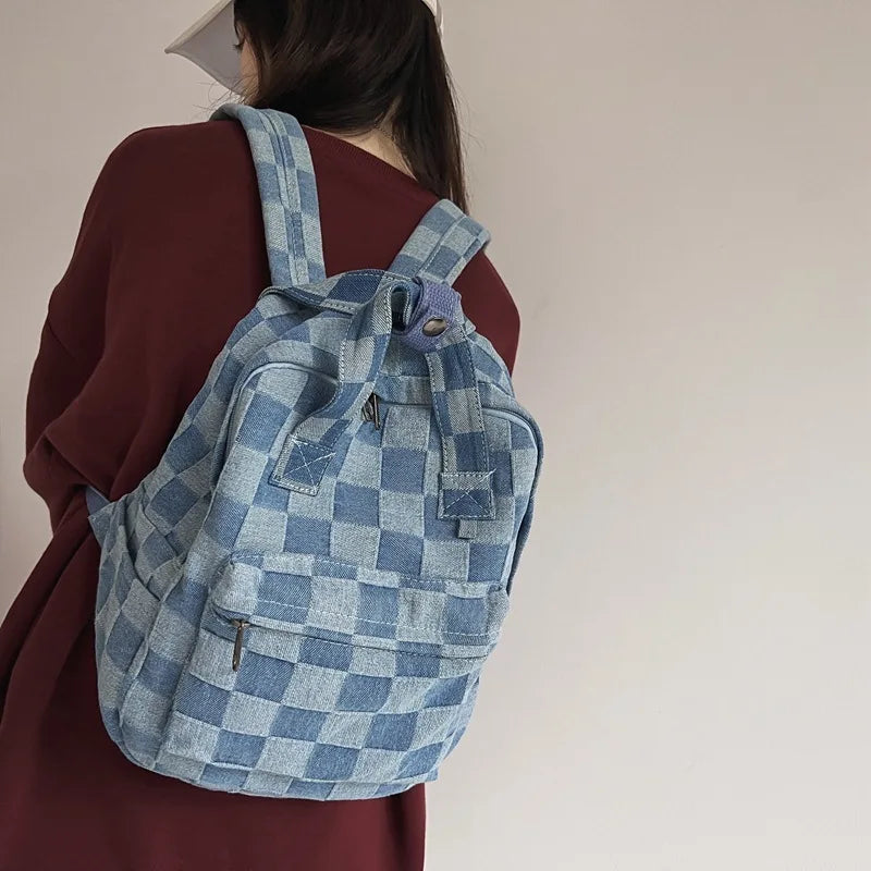 Checkerboard Canvas Bag College Backpack Male Female Travel Laptop Student Bags