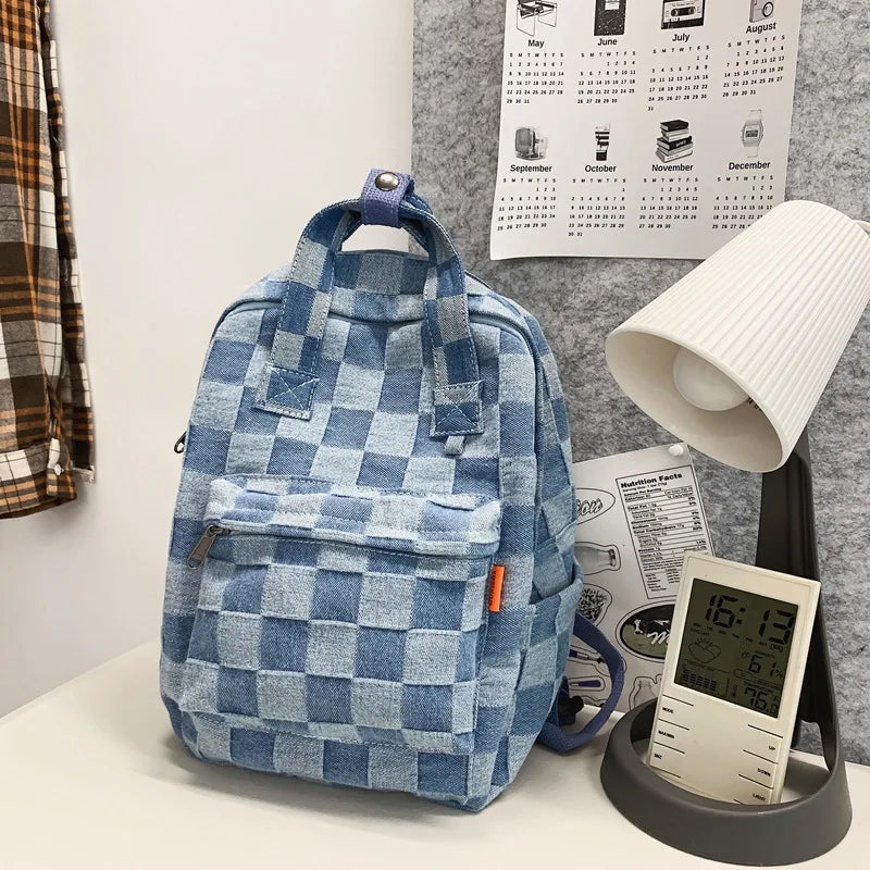 Checkerboard Canvas Bag College Backpack Male Female Travel Laptop Student Bags