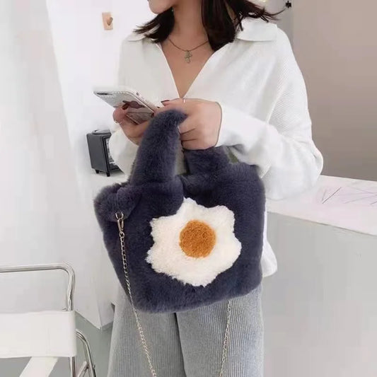 Fluffy Tote Bag with Sling Chains Shoulder Strap Crossbody Shopping Bags