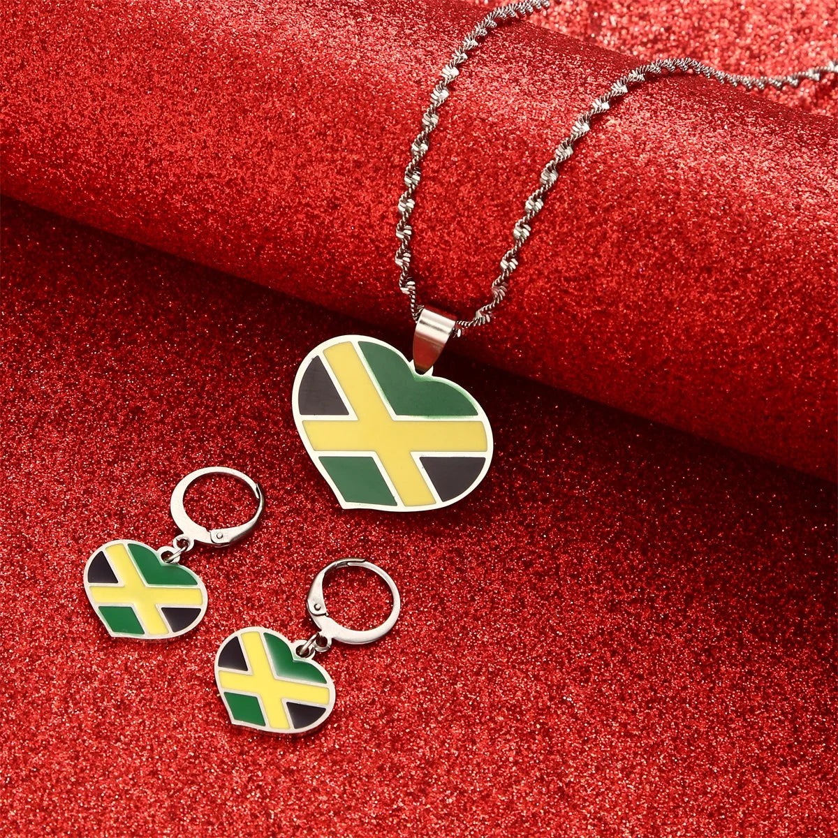 Jamaica Heart Map Pendant Necklace Earrings Flag Charm Jewelry