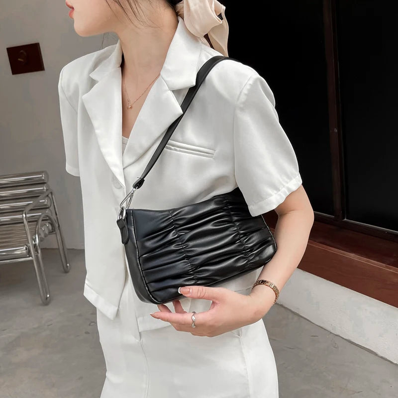 Pleated Shoulder Bag Women PU Leather Bag Armpit Handbag