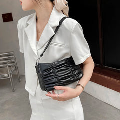 Pleated Shoulder Bag Women PU Leather Bag Armpit Handbag