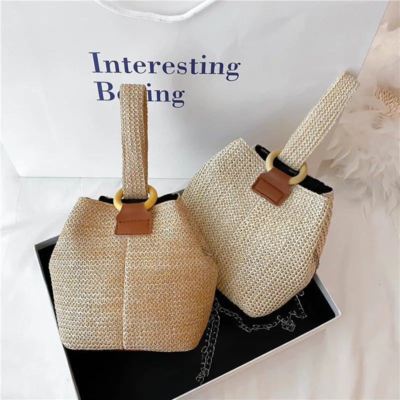 Woven Straw Bucket Bag Small Fresh Handbag Beach Bag Girl