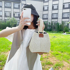 Woven Straw Bucket Bag Small Fresh Handbag Beach Bag Girl