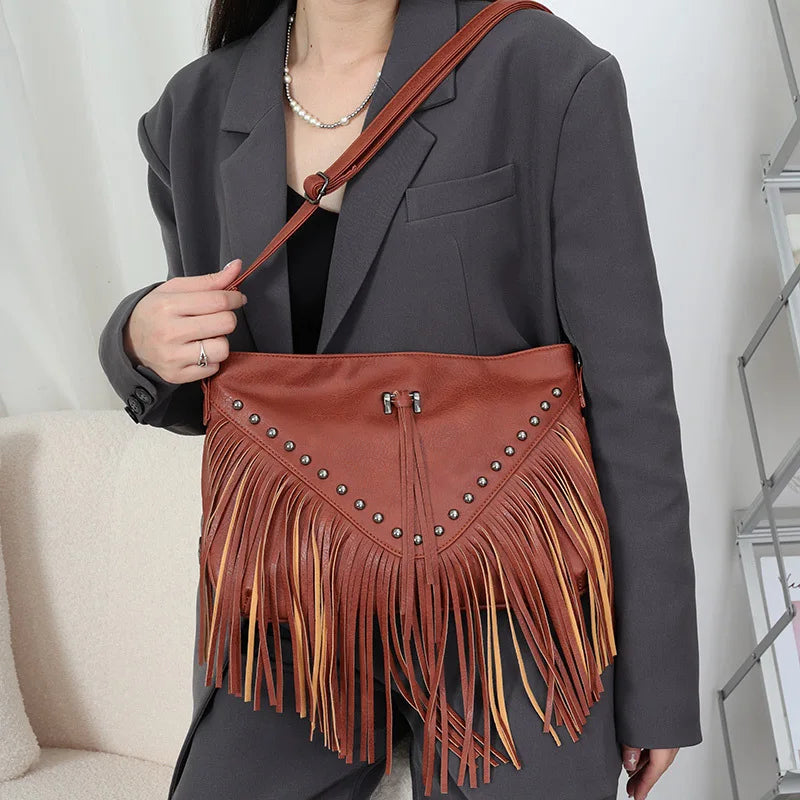 Rivet Women Messenger Bag Tassel Shoulder Bag Small Square Bag