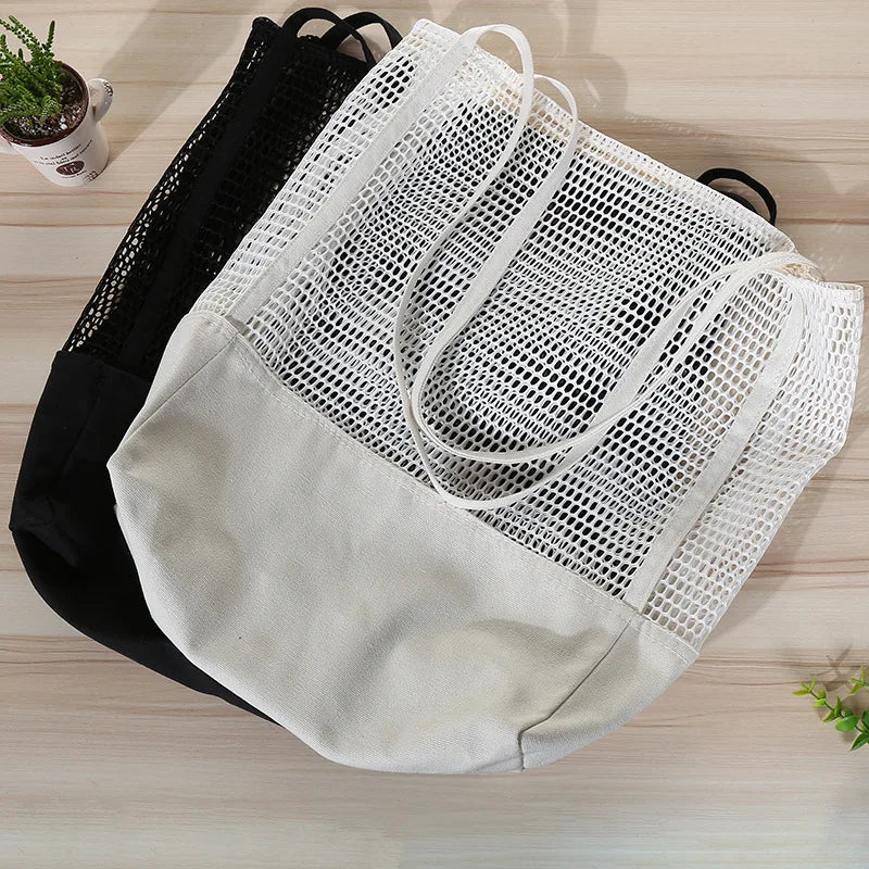 Eco Friendly Cotton Canvas Beach Bag Mesh Tote Ladies Summer Net Beach Shoulder