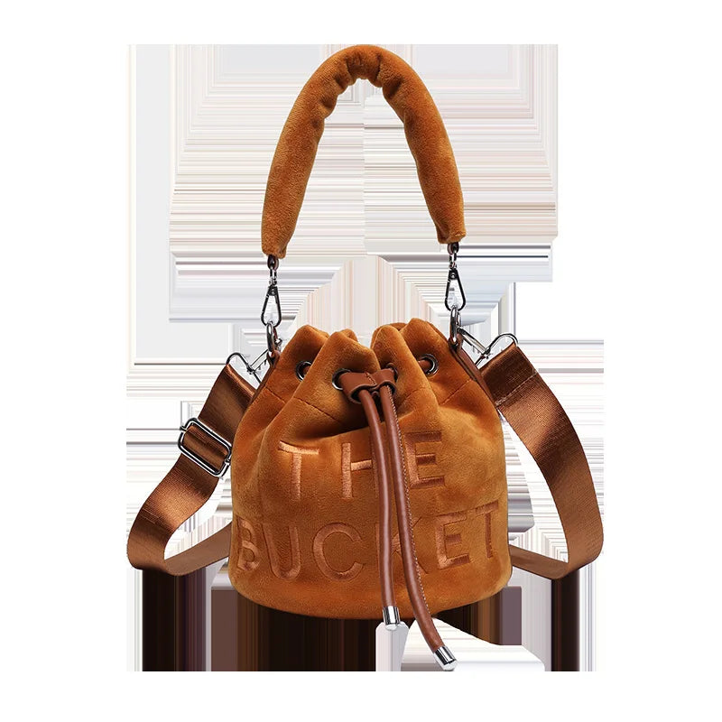 Plush Letter Shoulder Bag Soft Handle Bucket Bag