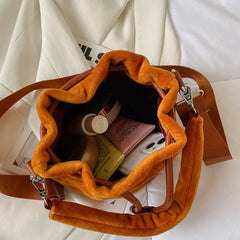 Plush Letter Shoulder Bag Soft Handle Bucket Bag