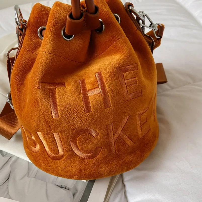 Plush Letter Shoulder Bag Soft Handle Bucket Bag