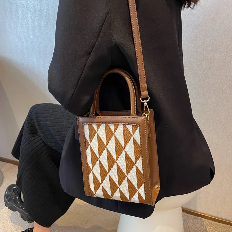 Triangle Pattern Small Tote Leather Shoulder Bag for Women