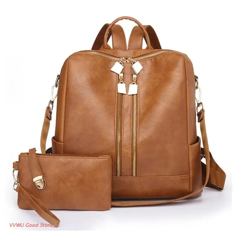 Two-Piece Set Large Bags with Pockets Multipurpose PU Leather School Bags