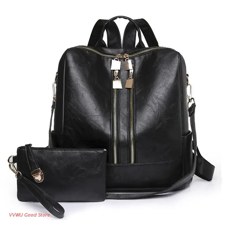 Two-Piece Set Large Bags with Pockets Multipurpose PU Leather School Bags