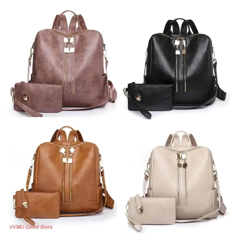 Two-Piece Set Large Bags with Pockets Multipurpose PU Leather School Bags