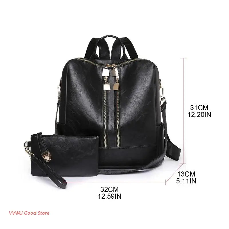 Two-Piece Set Large Bags with Pockets Multipurpose PU Leather School Bags