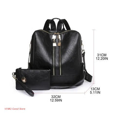 Two-Piece Set Large Bags with Pockets Multipurpose PU Leather School Bags