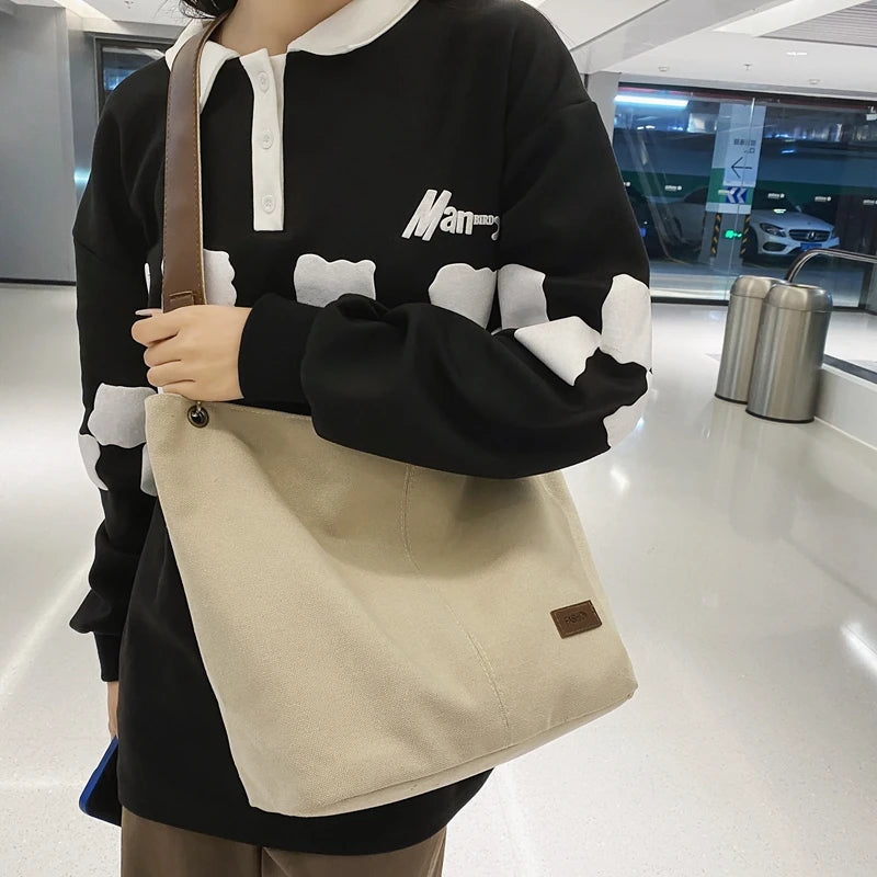 Minimalist Canvas Shoulder Bag Solid Large Capacity Girls Bags Casual Tote Handb