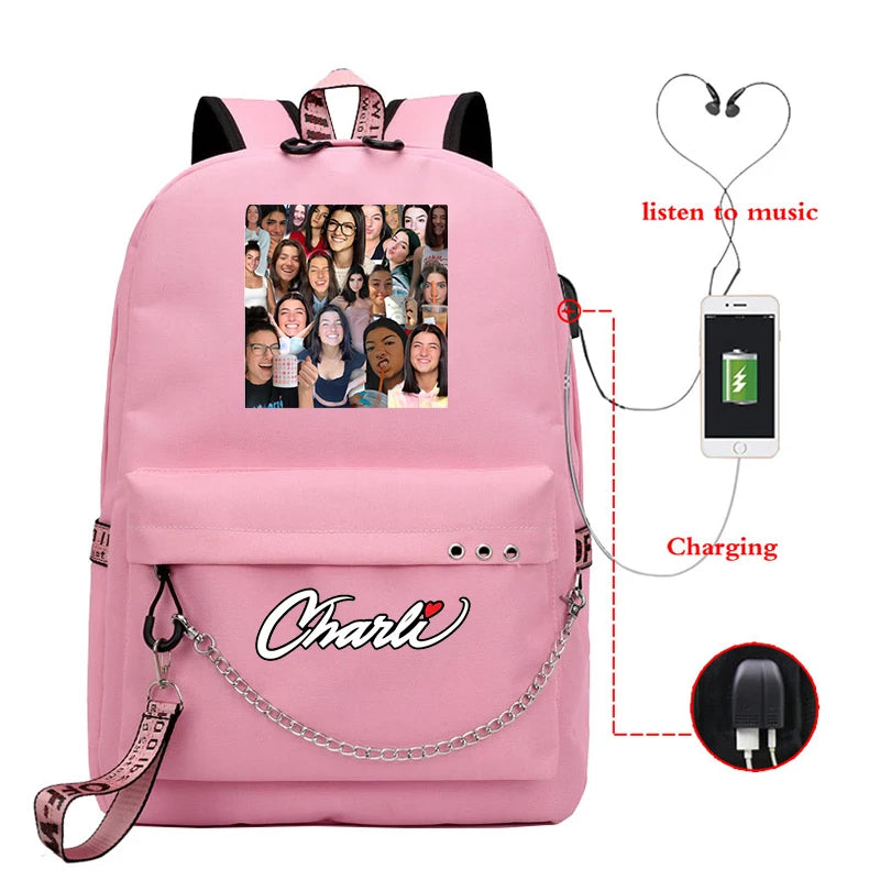 Charli D'Amelio Backpack USB Charging School Bag for Girls Women