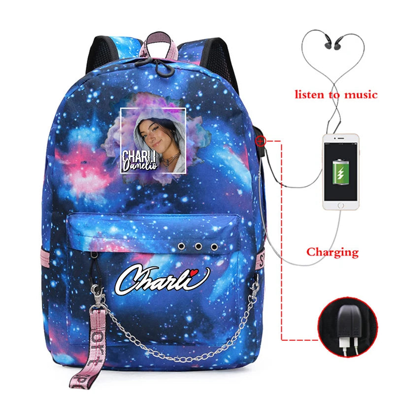 Charli D'Amelio Backpack USB Charging School Bag for Girls Women