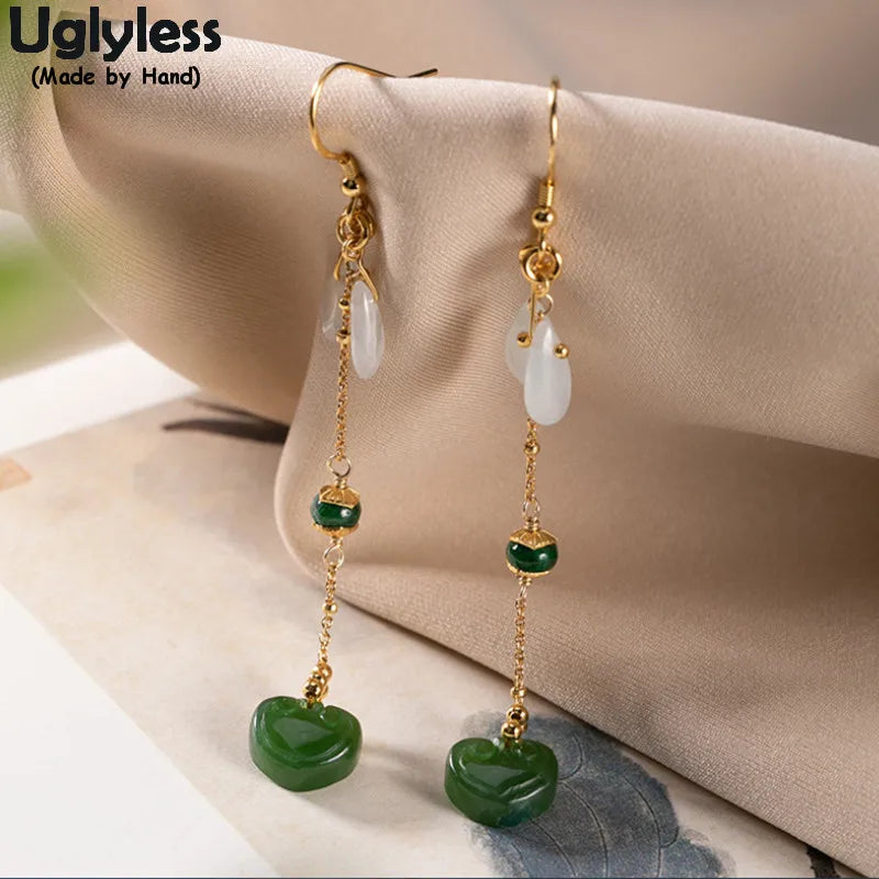 Natural Jade LOVE Heart Earrings 925 Silver Jewel