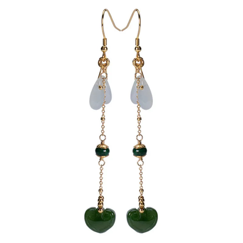 Natural Jade LOVE Heart Earrings 925 Silver Jewel