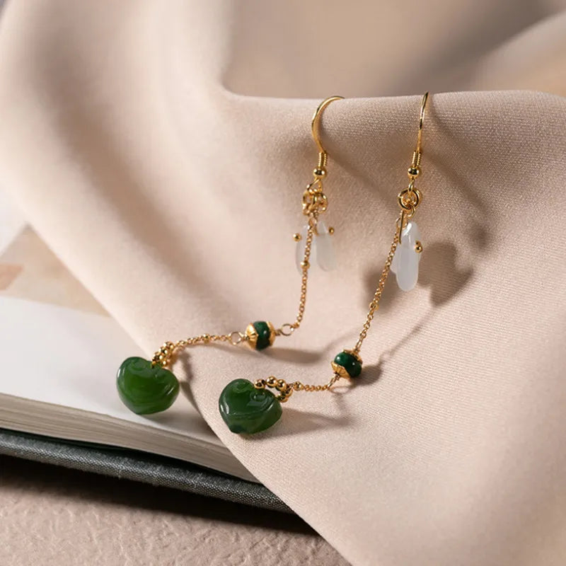 Natural Jade LOVE Heart Earrings 925 Silver Jewel