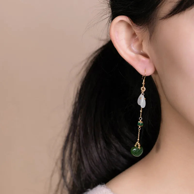 Natural Jade LOVE Heart Earrings 925 Silver Jewel