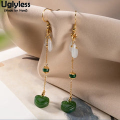 Natural Jade LOVE Heart Earrings 925 Silver Jewel