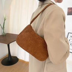 Plush Shoulder Bag for Women - Retro Corduroy Handbag