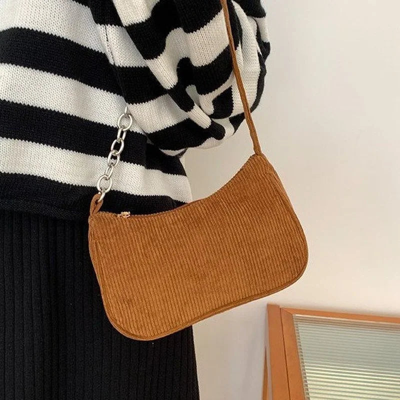 Plush Shoulder Bag for Women - Retro Corduroy Handbag