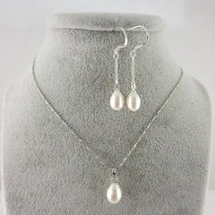 8-10mm Rice Freshwater Pearl Necklace Earrings Set Wedding Gift