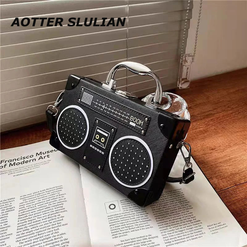 Retro Radio Box Bag Ladies Shoulder Metal Handle Purse Women's Crossbody