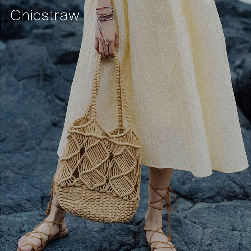Vintage Macrame Hollow Out Cotton Beach Bag Tote Boho Shoulder Bag
