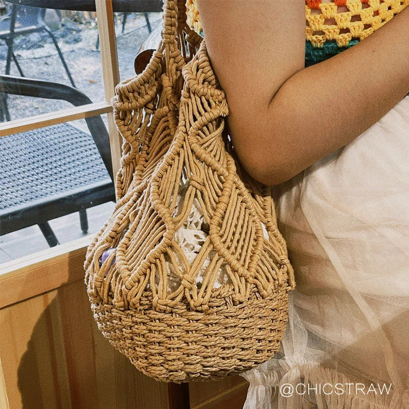 Vintage Macrame Hollow Out Cotton Beach Bag Tote Boho Shoulder Bag