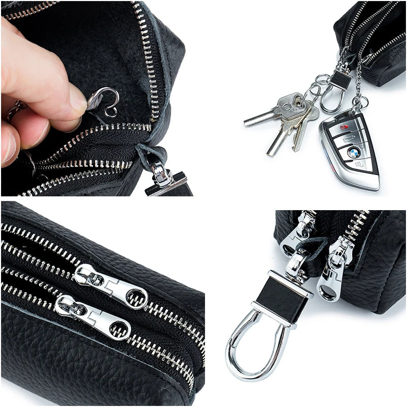Double Zipper Leather Key Wallet Holder Keychain Case