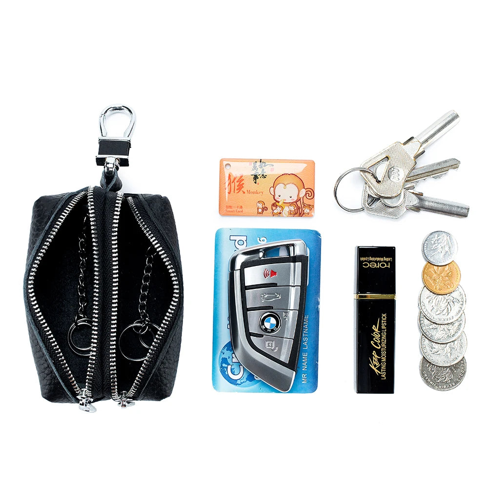 Double Zipper Leather Key Wallet Holder Keychain Case