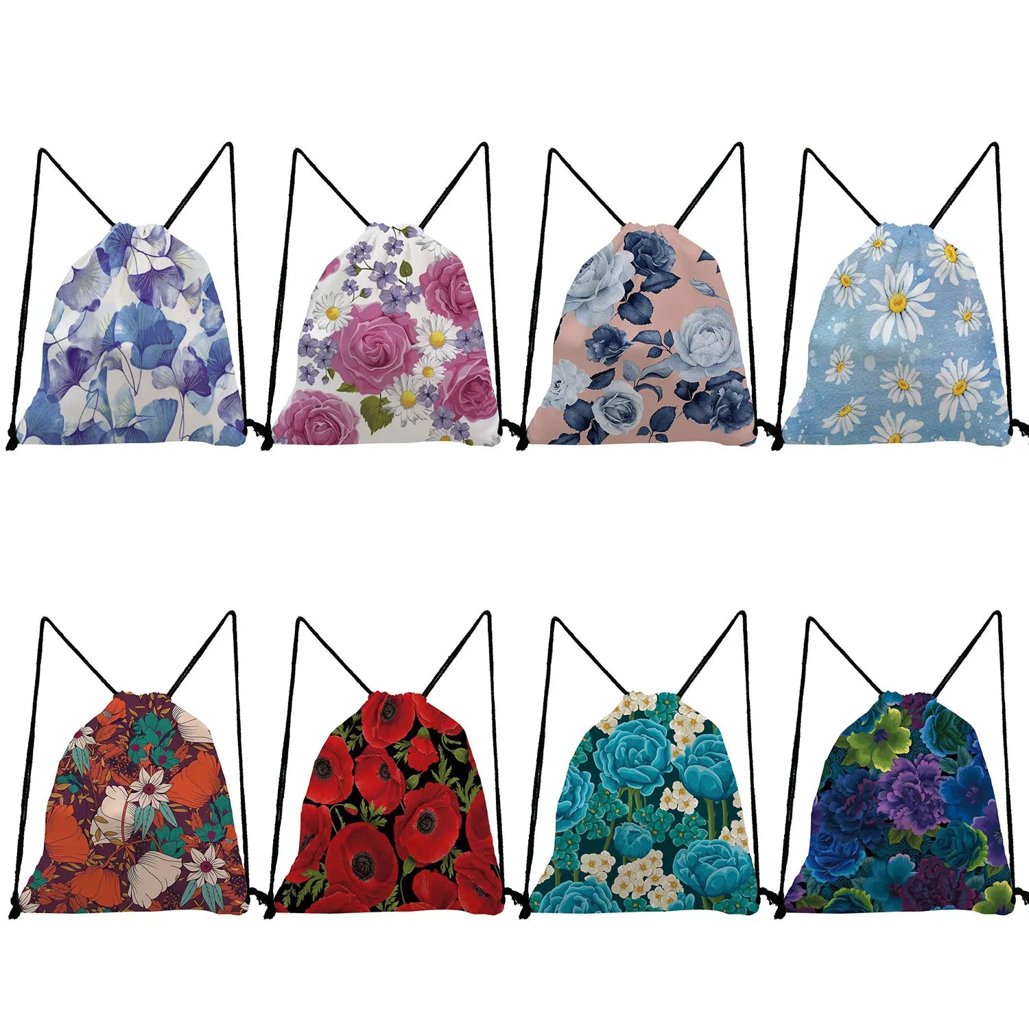 Portable Drawstring Floral Travel Backpack with Pocket