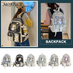Japanese Canvas Pockets Backpack Large Capacity Plaid School Bag