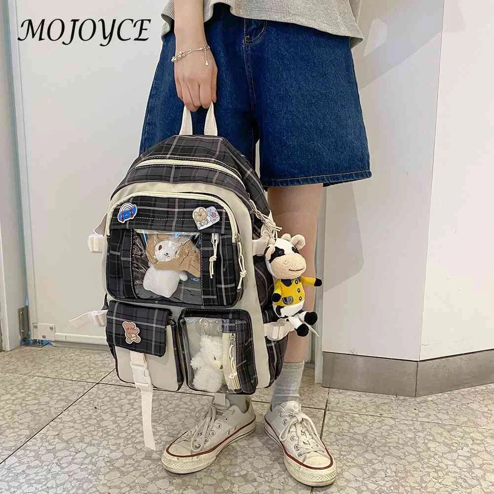 Japanese Canvas Pockets Backpack Large Capacity Plaid School Bag