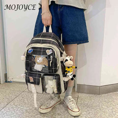Japanese Canvas Pockets Backpack Large Capacity Plaid School Bag