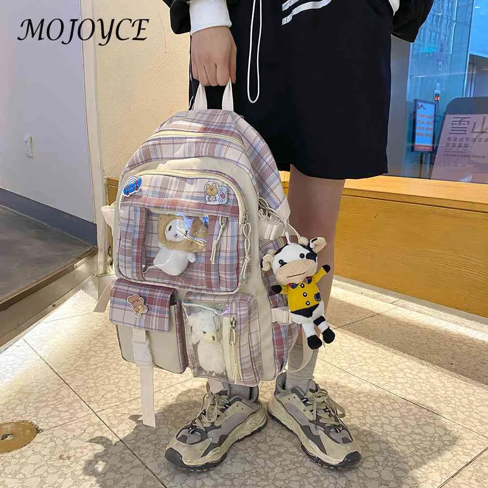 Japanese Canvas Pockets Backpack Large Capacity Plaid School Bag