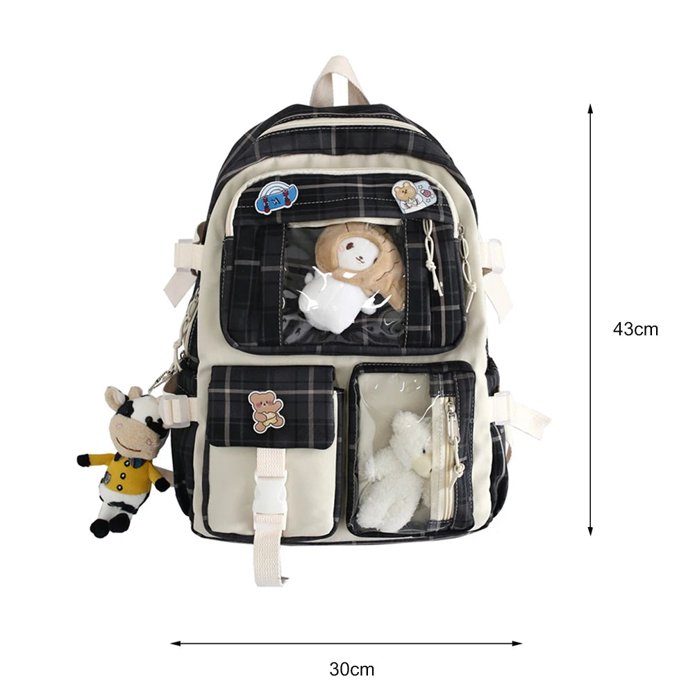 Japanese Canvas Pockets Backpack Large Capacity Plaid School Bag